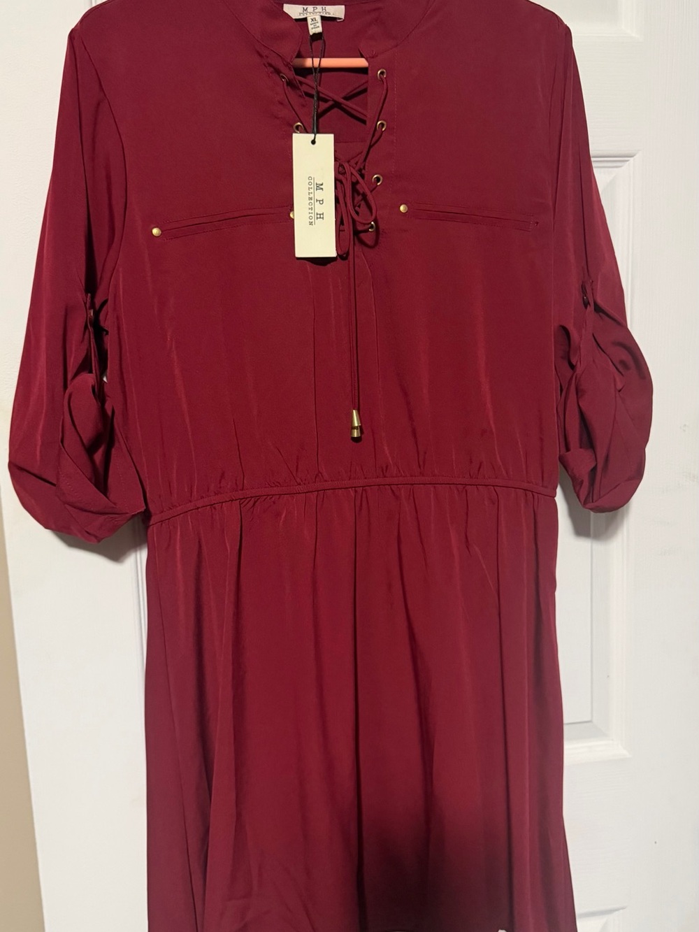 M.P.H. Collection Lace-Up Midi Dress in Burgundy